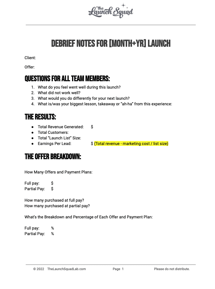 Launch Debrief Meeting TEMPLATE Launch Debrief Meeting TEMPLATE