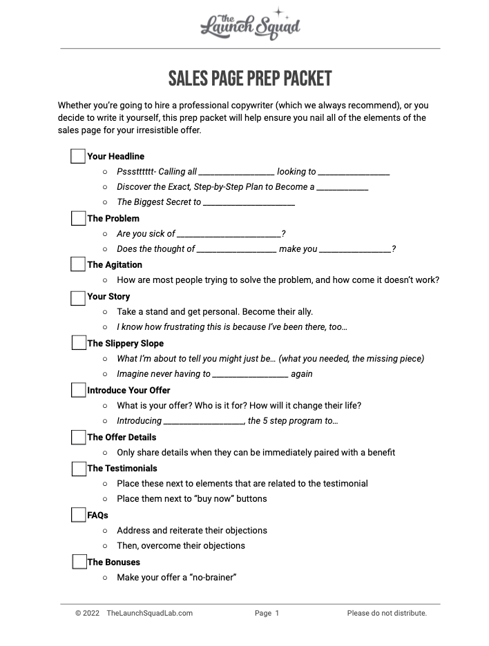 Sales Page Prep Packet TEMPLATE Sales Page Prep Packet TEMPLATE